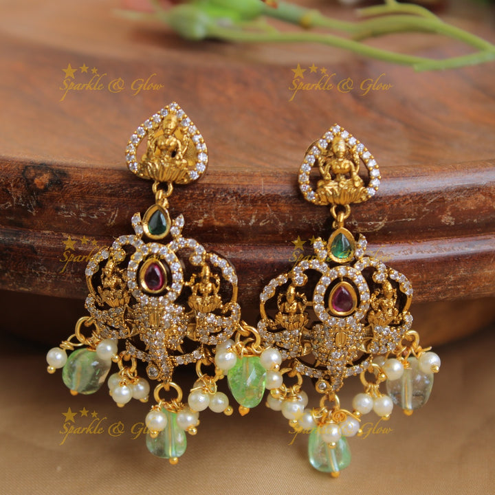 Beautiful Lakshmi Ganesha pendant Victorian AD haram with multi layer beads chain - mint green