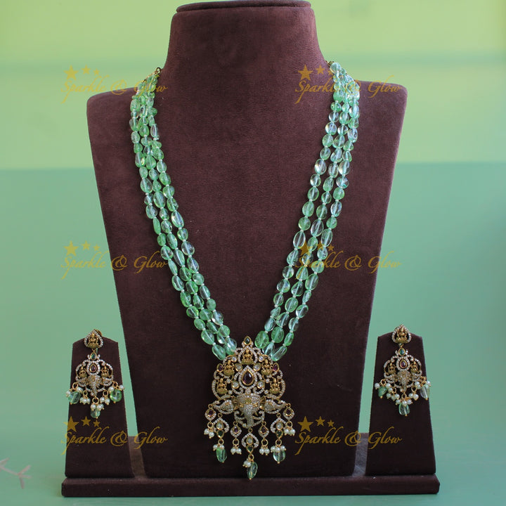 Beautiful Lakshmi Ganesha pendant Victorian AD haram with multi layer beads chain - mint green
