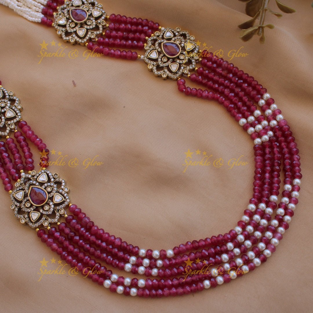 Statement floral design Victorian AD haram with multi layer pearl and beads chain - Sparkle and Glow - Back Thread - 