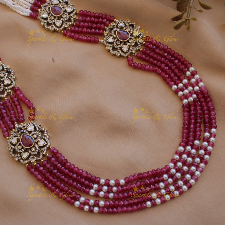 Statement floral design Victorian AD haram with multi layer pearl and beads chain - Sparkle and Glow - Back Thread - 