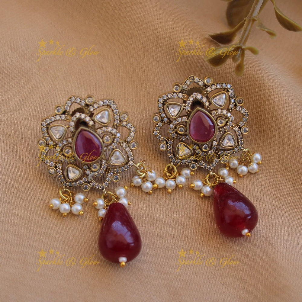 Statement floral design Victorian AD haram with multi layer pearl and beads chain - Sparkle and Glow - Back Thread - 