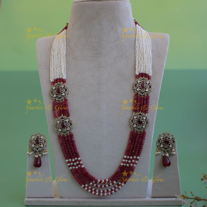 Statement floral design Victorian AD haram with multi layer pearl and beads chain - Sparkle and Glow - Back Thread - 