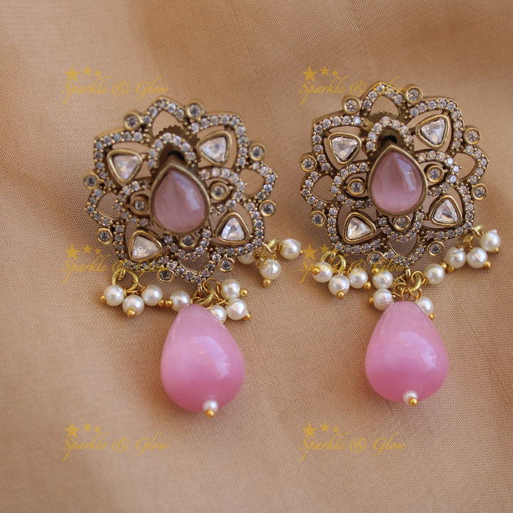 Statement floral design Victorian AD haram with multi layer pearl and beads chain - baby pink