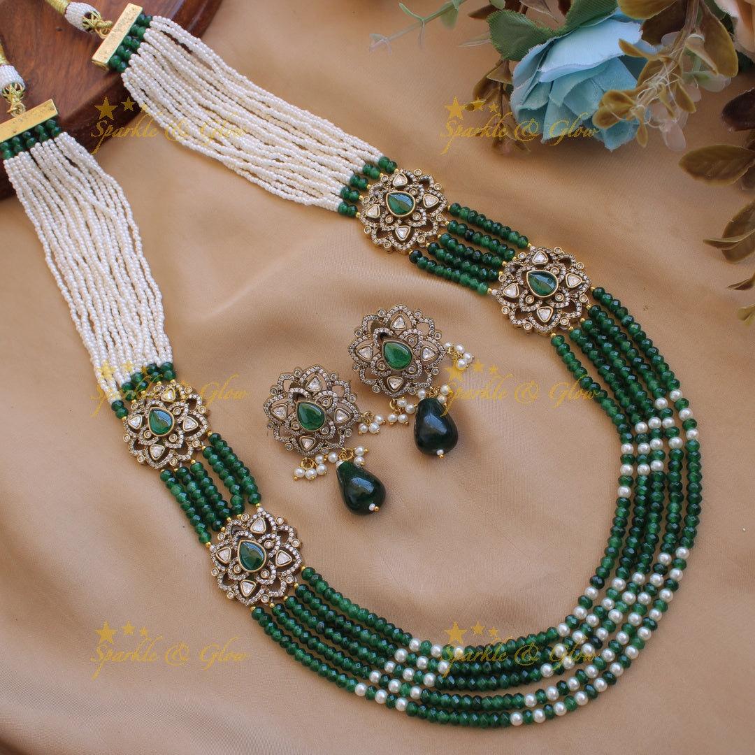 Statement floral design Victorian AD haram with multi layer pearl and beads chain - purple