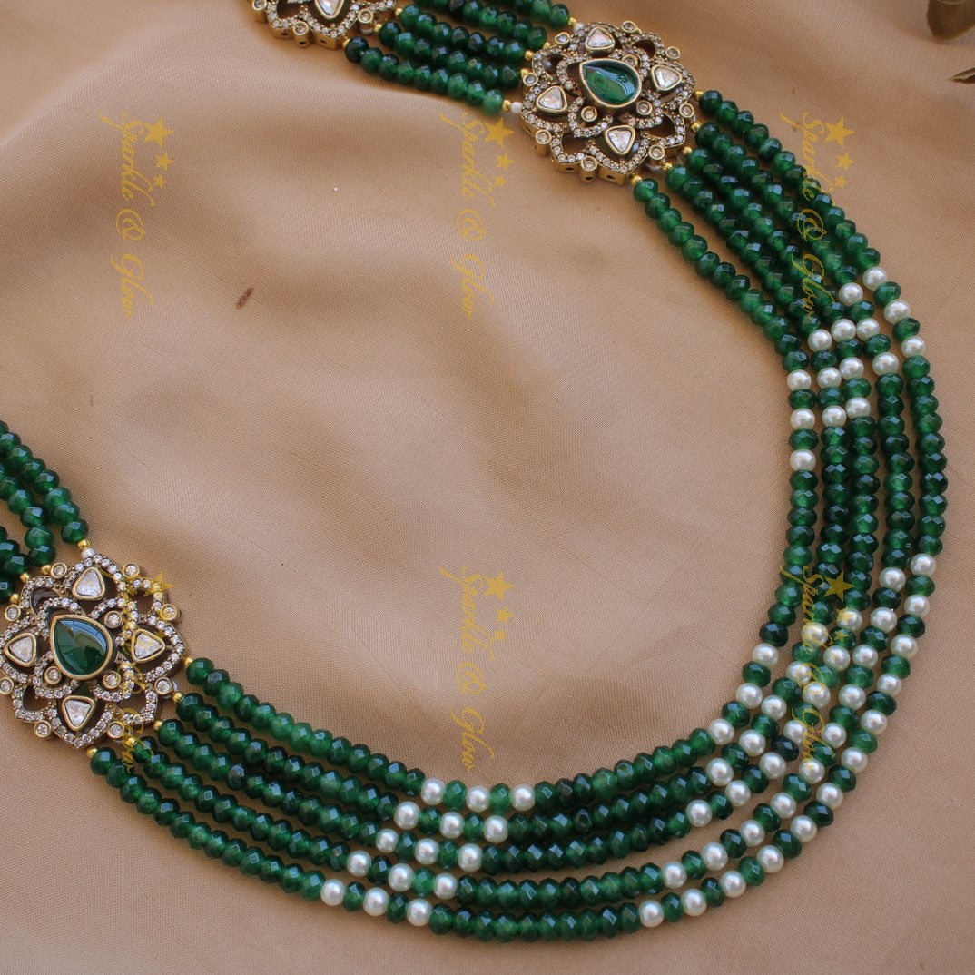 Statement floral design Victorian AD haram with multi layer pearl and beads chain - green