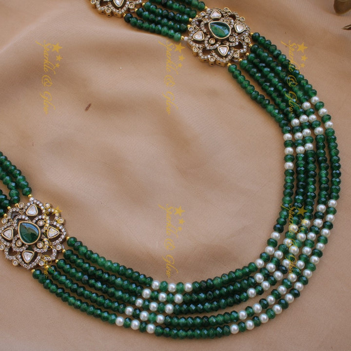 Statement floral design Victorian AD haram with multi layer pearl and beads chain - green