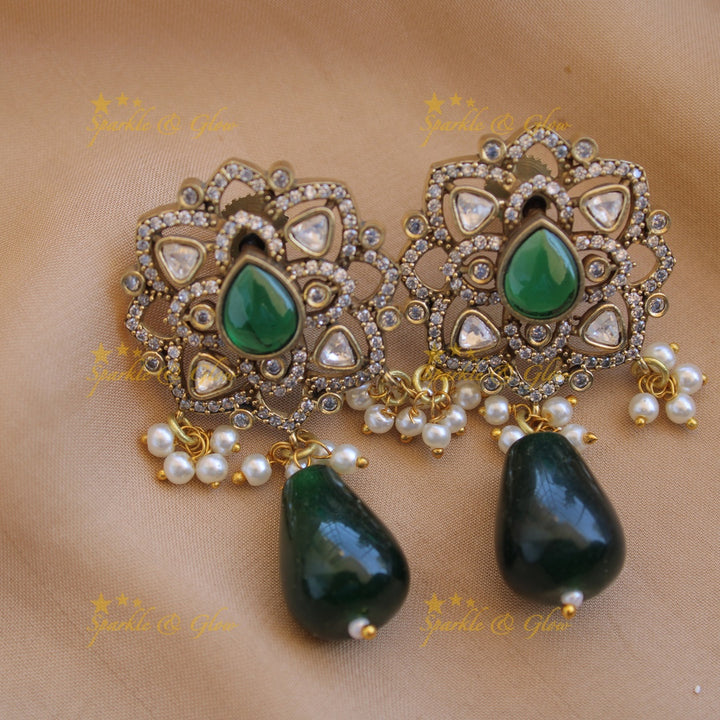 Statement floral design Victorian AD haram with multi layer pearl and beads chain - green