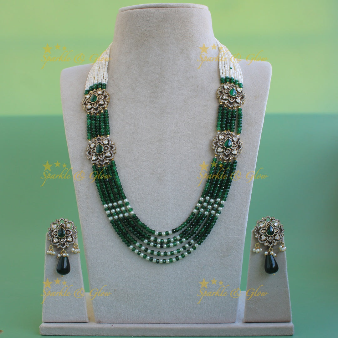 Statement floral design Victorian AD haram with multi layer pearl and beads chain - green