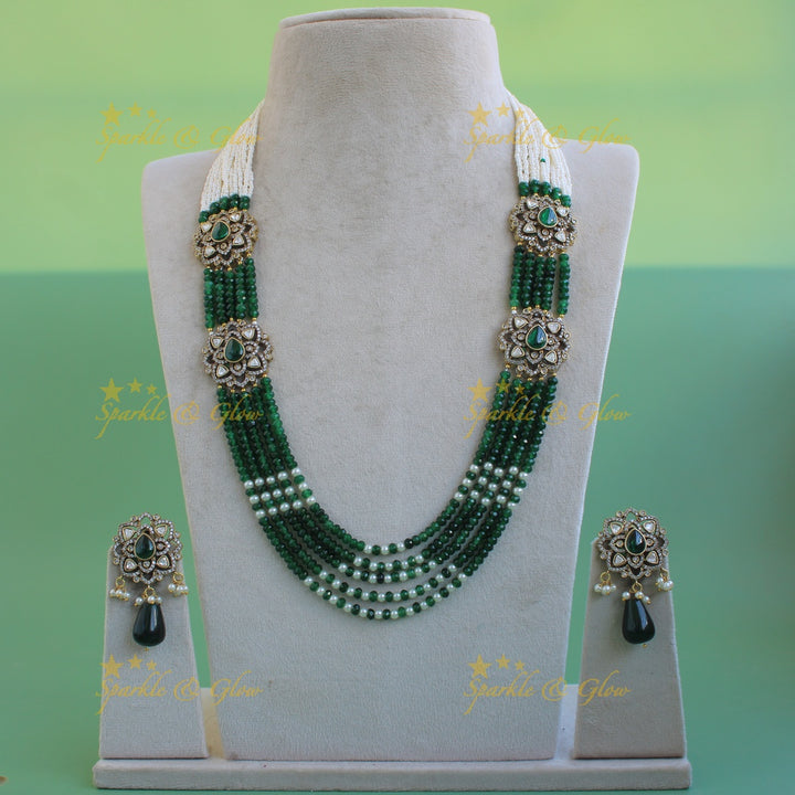 Statement floral design Victorian AD haram with multi layer pearl and beads chain - green