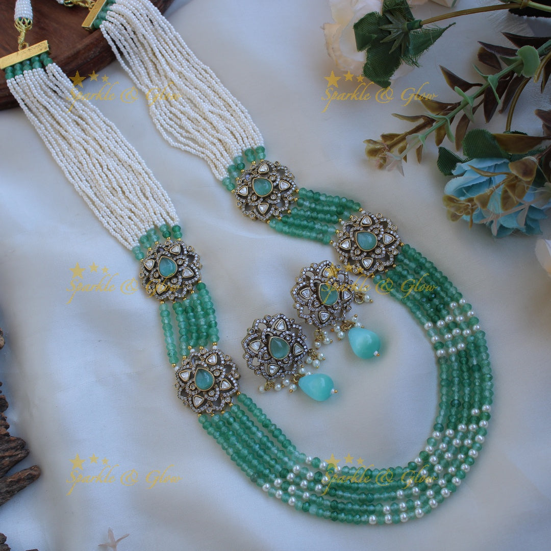 Statement floral design Victorian AD haram with multi layer pearl and beads chain - purple