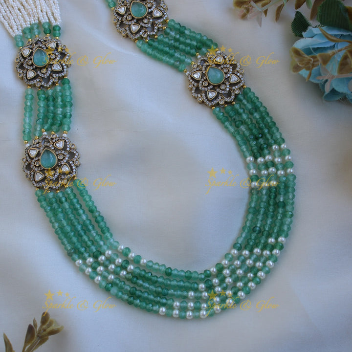 Statement floral design Victorian AD haram with multi layer pearl and beads chain - mint green