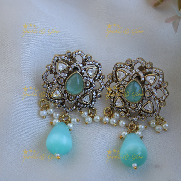 Statement floral design Victorian AD haram with multi layer pearl and beads chain - mint green
