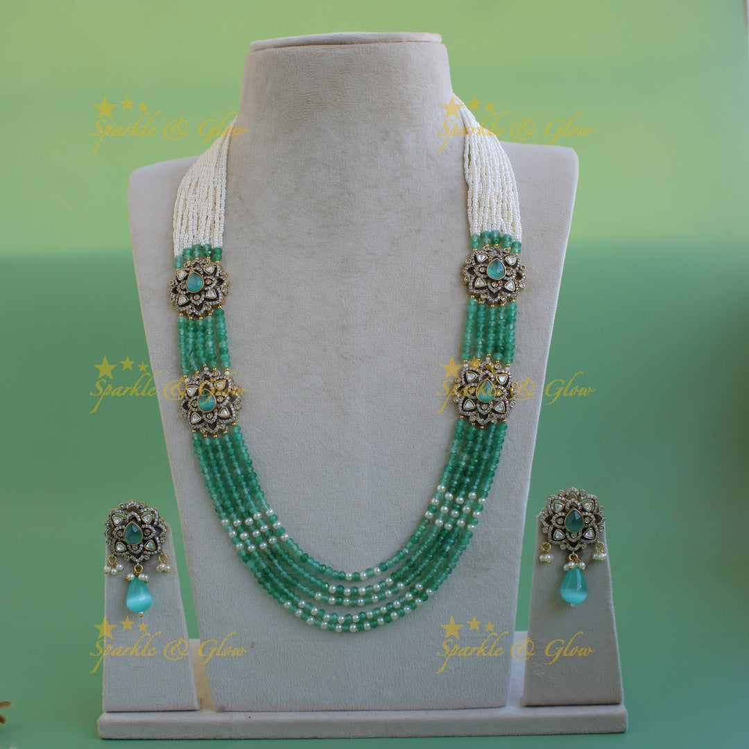 Statement floral design Victorian AD haram with multi layer pearl and beads chain - mint green