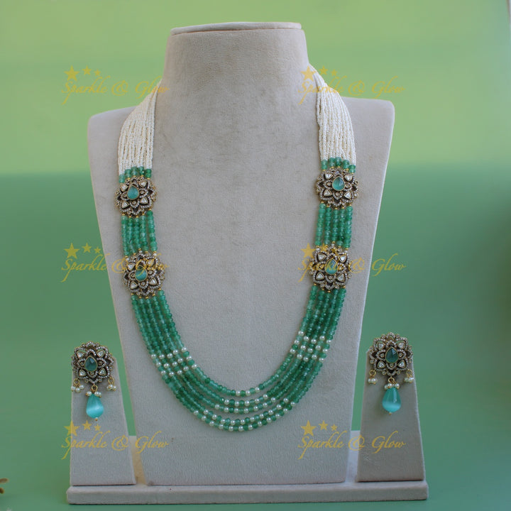Statement floral design Victorian AD haram with multi layer pearl and beads chain - mint green