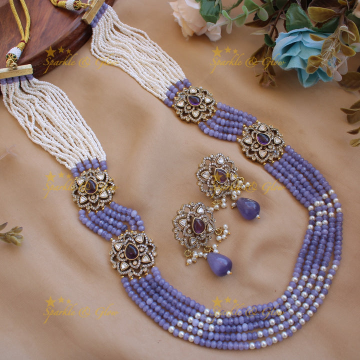 Statement floral design Victorian AD haram with multi layer pearl and beads chain - purple