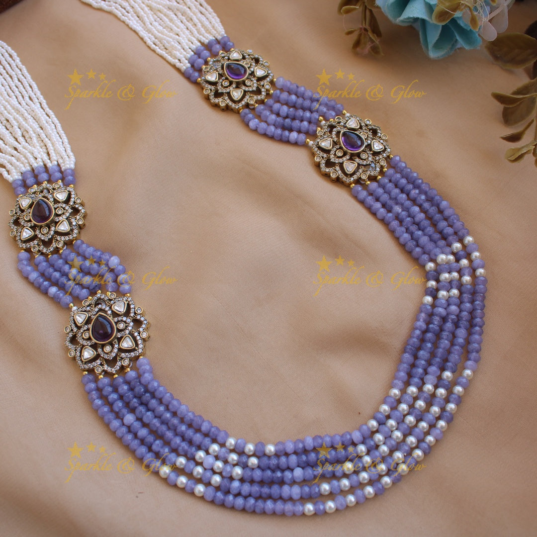 Statement floral design Victorian AD haram with multi layer pearl and beads chain - purple