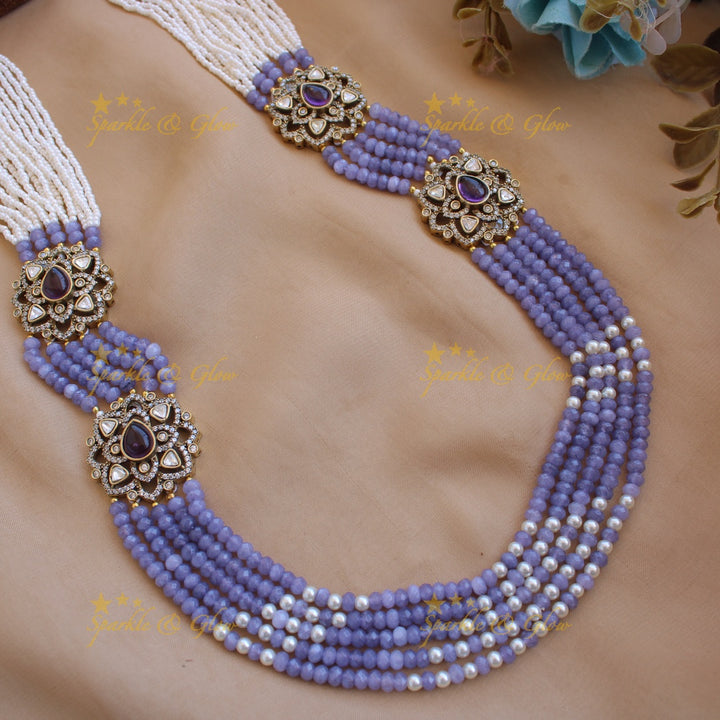 Statement floral design Victorian AD haram with multi layer pearl and beads chain - purple
