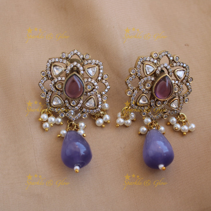 Statement floral design Victorian AD haram with multi layer pearl and beads chain - purple