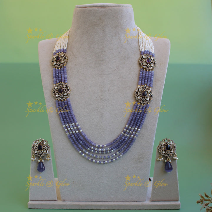 Statement floral design Victorian AD haram with multi layer pearl and beads chain - purple