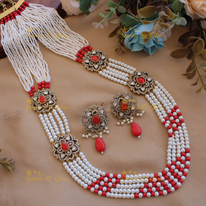 Statement floral design Victorian AD haram with multi layer pearl and beads chain - purple