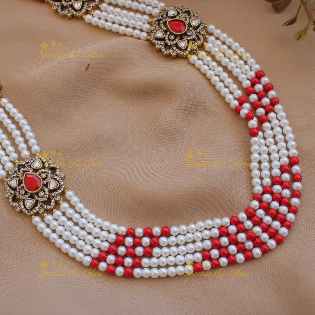 Statement floral design Victorian AD haram with multi layer pearl and beads chain - red