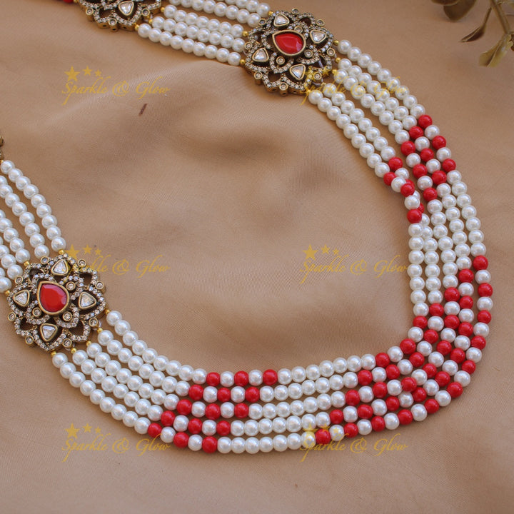 Statement floral design Victorian AD haram with multi layer pearl and beads chain - red