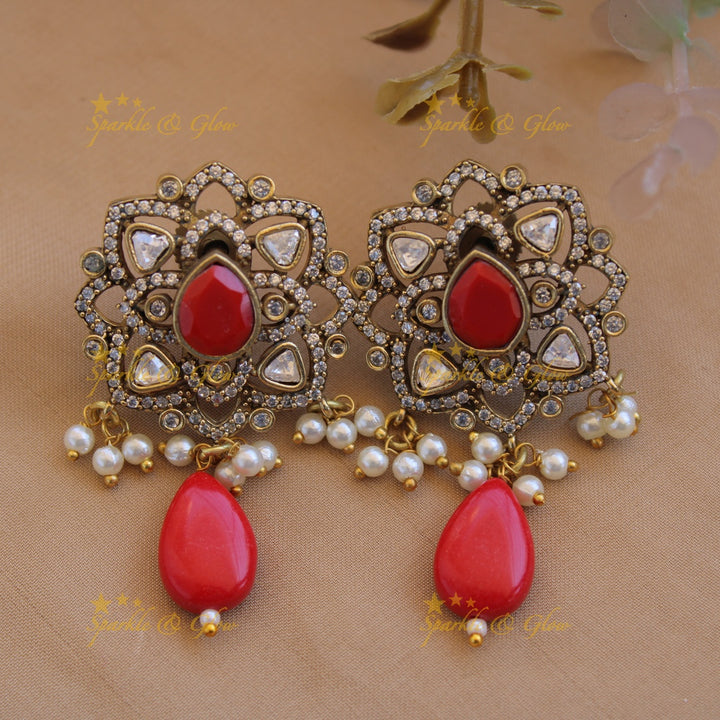 Statement floral design Victorian AD haram with multi layer pearl and beads chain - red