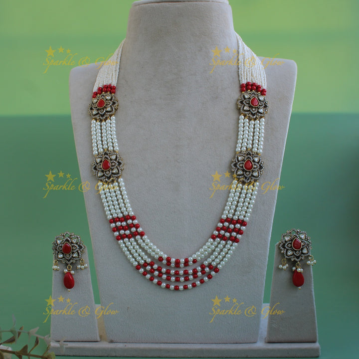 Statement floral design Victorian AD haram with multi layer pearl and beads chain - red