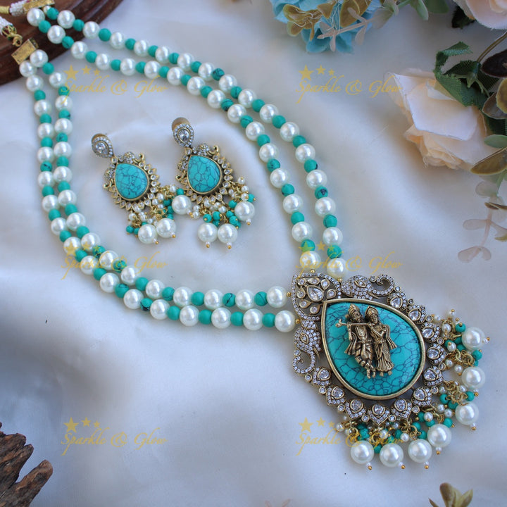 Elegant Radha krishna carved pendant Victorian AD haram with two layer sea blue beads chain