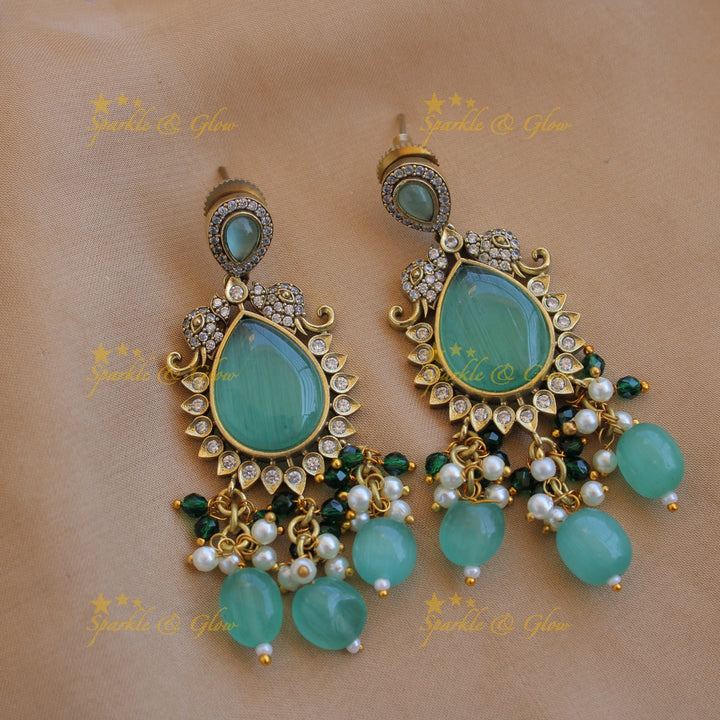Elegant Radha krishna carved pendant Victorian AD haram with two layer sea blue beads chain