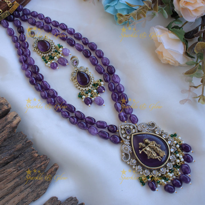 Elegant Radha krishna carved pendant Victorian AD haram with two layer purple beads chain