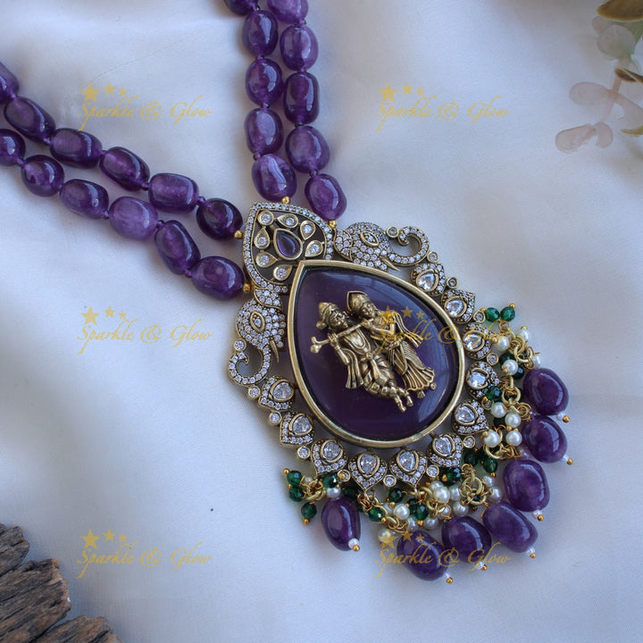 Elegant Radha krishna carved pendant Victorian AD haram with two layer purple beads chain
