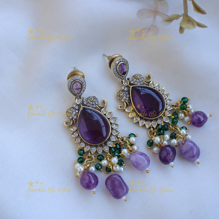 Elegant Radha krishna carved pendant Victorian AD haram with two layer purple beads chain