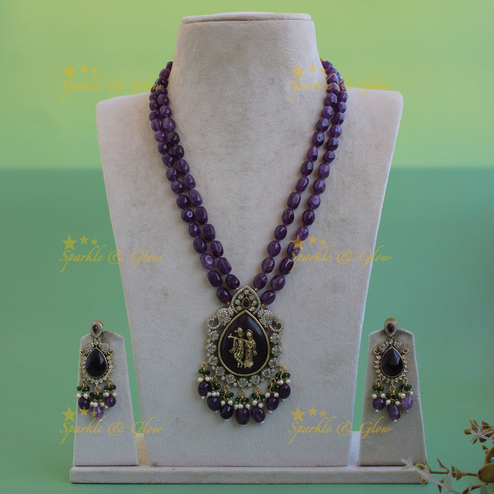 Elegant Radha krishna carved pendant Victorian AD haram with two layer purple beads chain