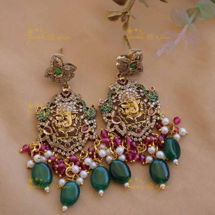 Ganesha peacock carved pendant Victorian AD haram with multi layer pearl red beads chain with green beads