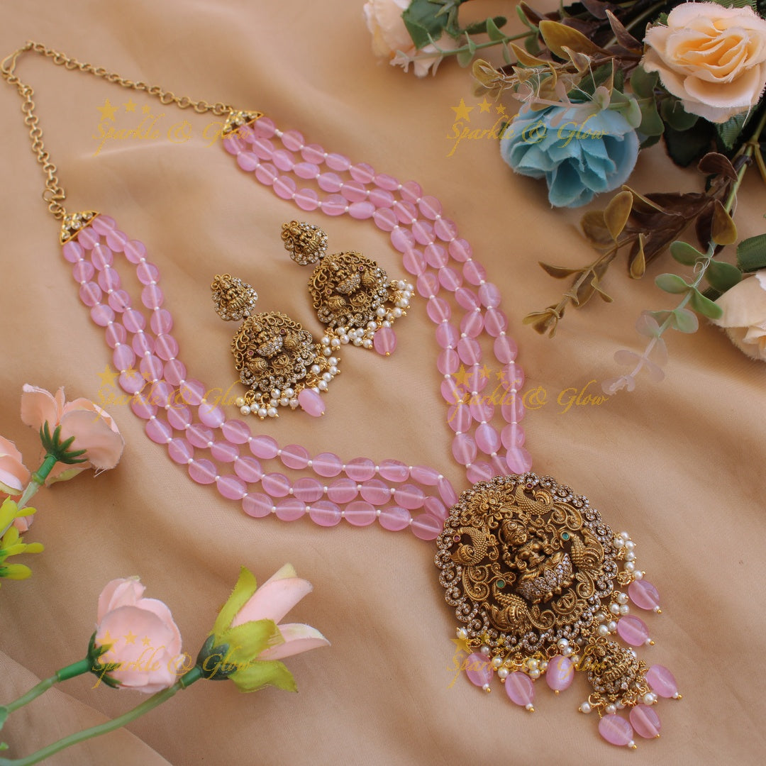 Beautiful Lakshmi peacock carved pendant Victorian AD haram with multi layer sea blue beads chain