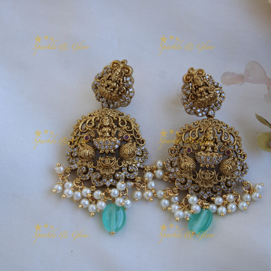 Beautiful Lakshmi peacock carved pendant Victorian AD haram with multi layer sea blue beads chain