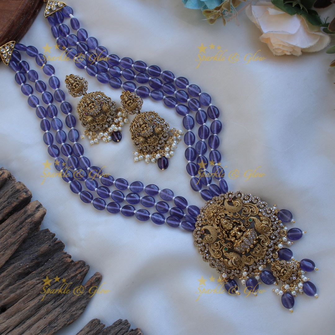 Beautiful Lakshmi peacock carved pendant Victorian AD haram with multi layer sea blue beads chain