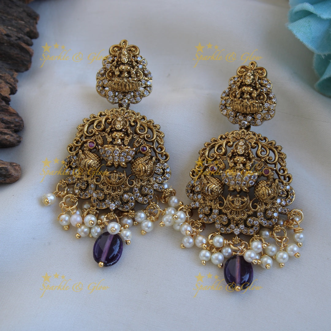 Beautiful Lakshmi peacock carved pendant Victorian AD haram with multi layer purple beads chain