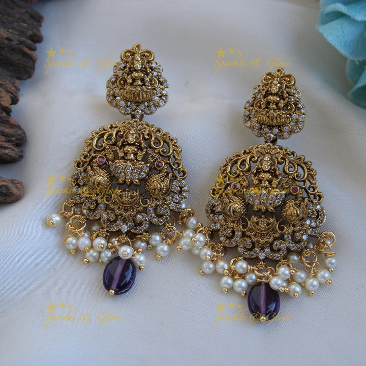 Beautiful Lakshmi peacock carved pendant Victorian AD haram with multi layer purple beads chain
