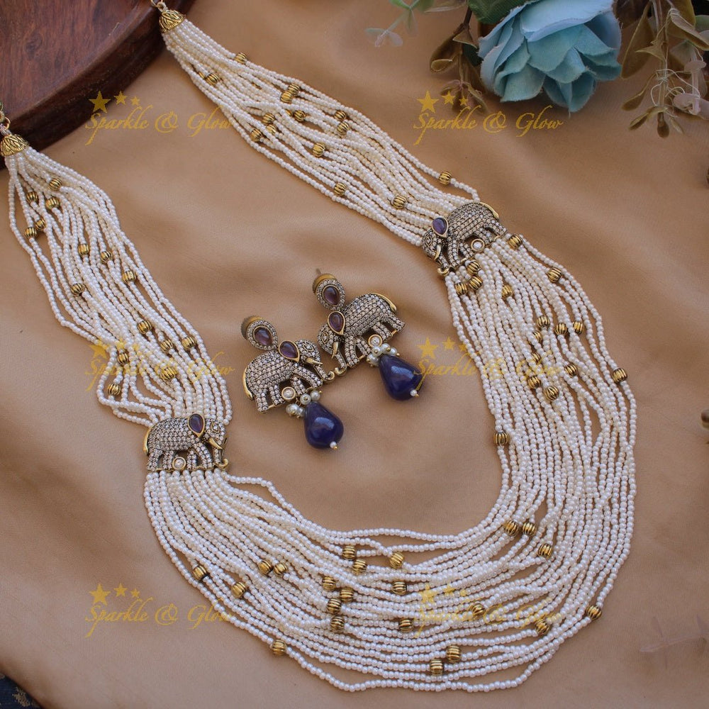 Gorgeous Elephant design Victorian AD haram with multi layer pearl and beads chain - green - Sparkle and Glow - Goldpurple - Back Thread