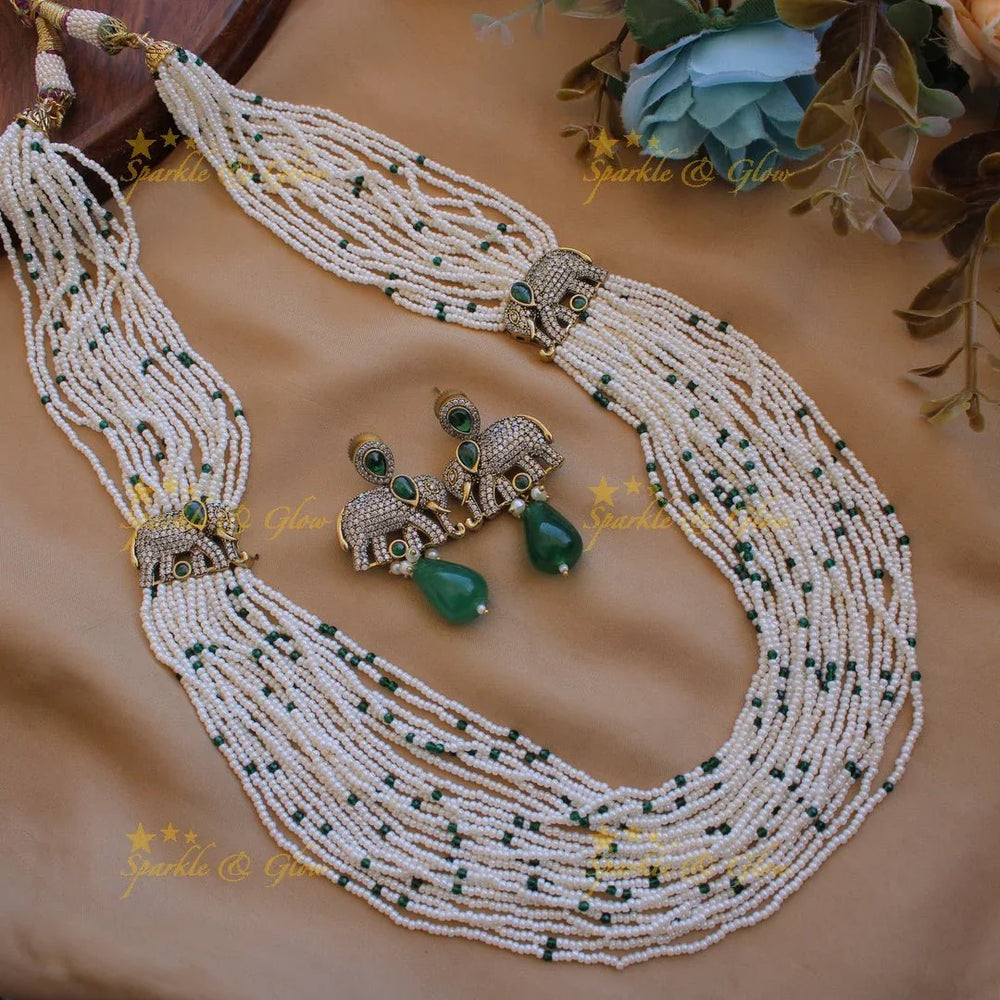 Gorgeous Elephant design Victorian AD haram with multi layer pearl and beads chain - green - Sparkle and Glow