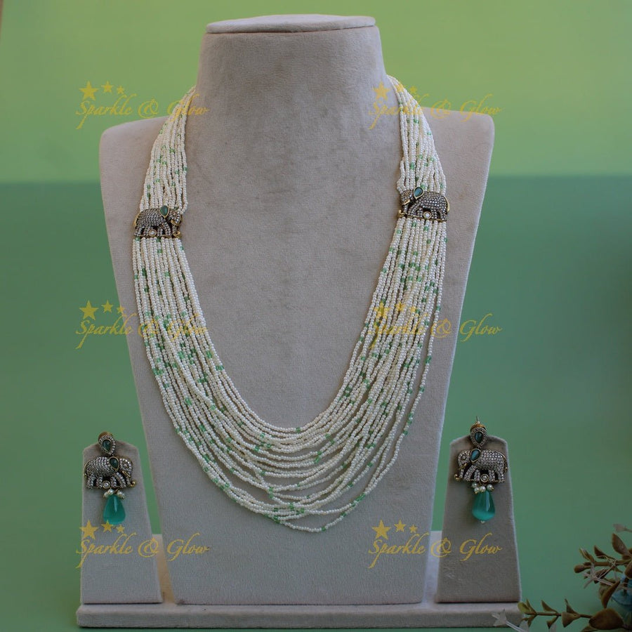 Gorgeous Elephant design Victorian AD haram with multi layer pearl and beads chain - green - Sparkle and Glow - Goldpurple - Back Thread