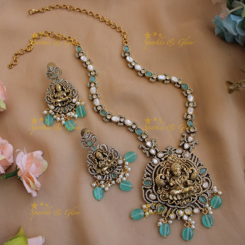 Stunning Lakshmi Peacock carved pendant victorian AD short necklace with mint green beads - Sparkle and Glow - Purple - Back Thread