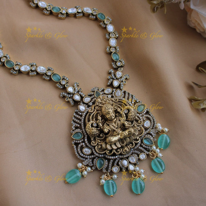 Stunning Lakshmi Peacock carved pendant victorian AD short necklace with mint green beads - Sparkle and Glow - Mintgreen - Back Thread