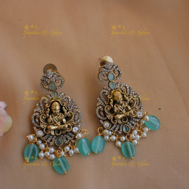 Stunning Lakshmi Peacock carved pendant victorian AD short necklace with mint green beads - Sparkle and Glow - Green - Back Thread
