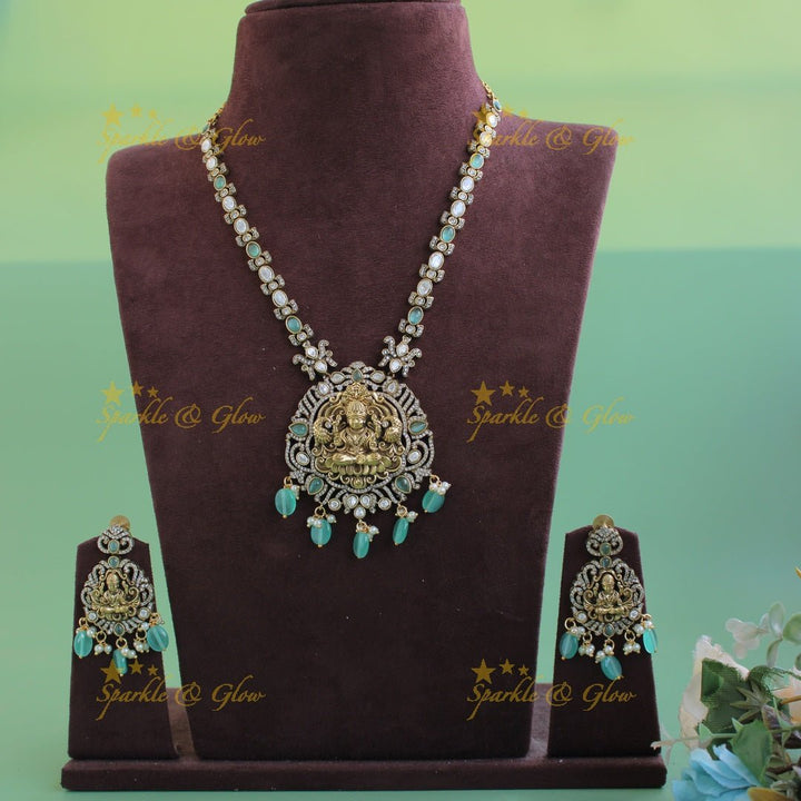 Stunning Lakshmi Peacock carved pendant victorian AD short necklace with mint green beads - Sparkle and Glow - Purple - Back Thread