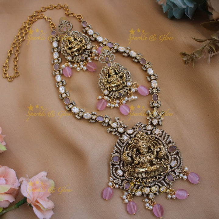 Stunning Lakshmi Peacock carved pendant victorian AD short necklace with mint green beads - Sparkle and Glow - Babypink - Back Thread