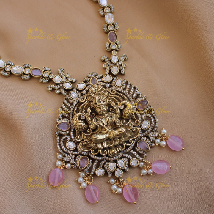 Stunning Lakshmi Peacock carved pendant victorian AD short necklace with mint green beads - Sparkle and Glow - Mintgreen - Back Thread