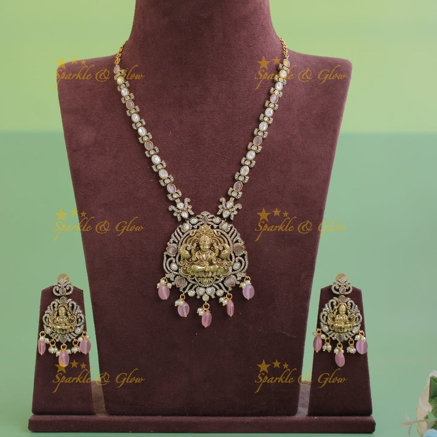 Stunning Lakshmi Peacock carved pendant victorian AD short necklace with mint green beads - Sparkle and Glow - Purple - Back Thread